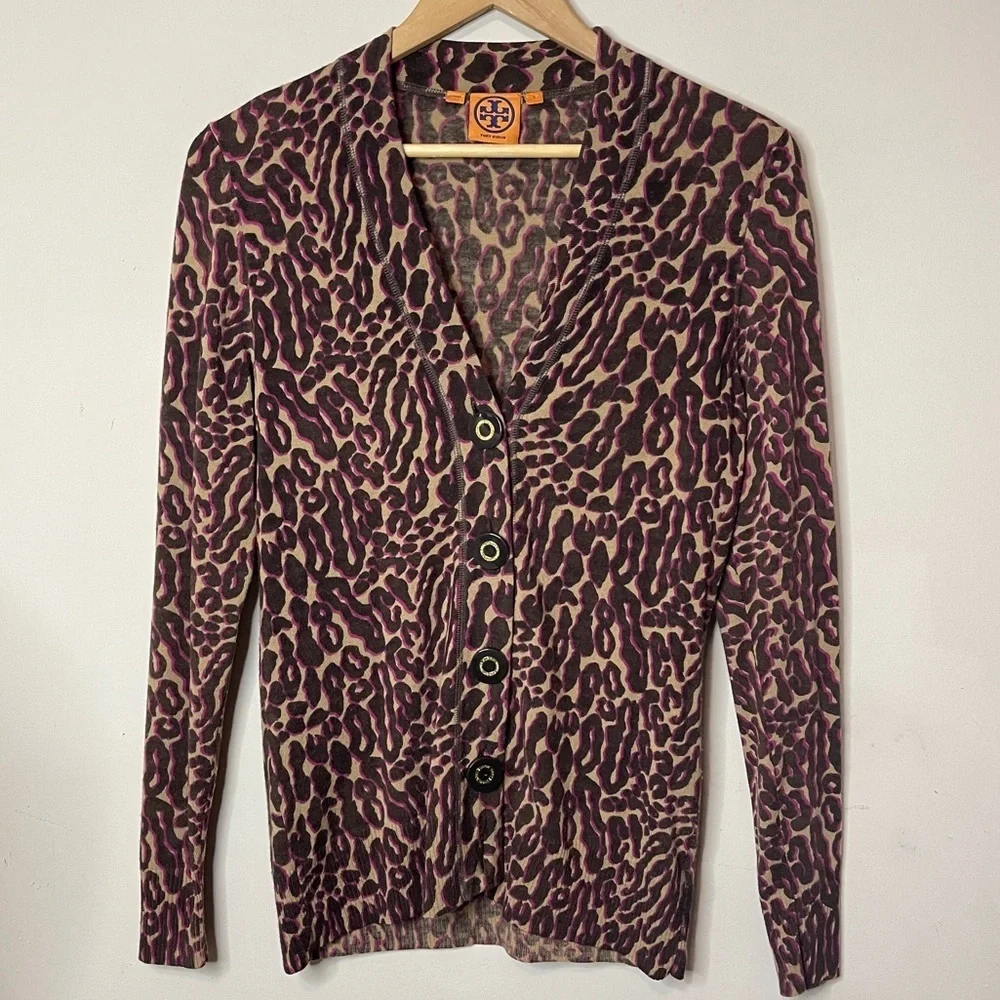 TORY BURCH Lightweight Merino Wool Leopard Print Button-Up Cardigan, Small‎